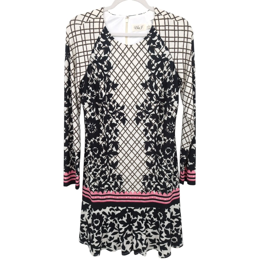 Eliza J Elegant Floral Cocktail Dress Size 10 Long Sleeve Stretch Lined B&W Pink
